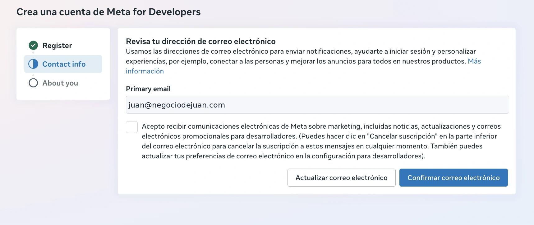 Confirmación del correo de contacto en Meta for Developers