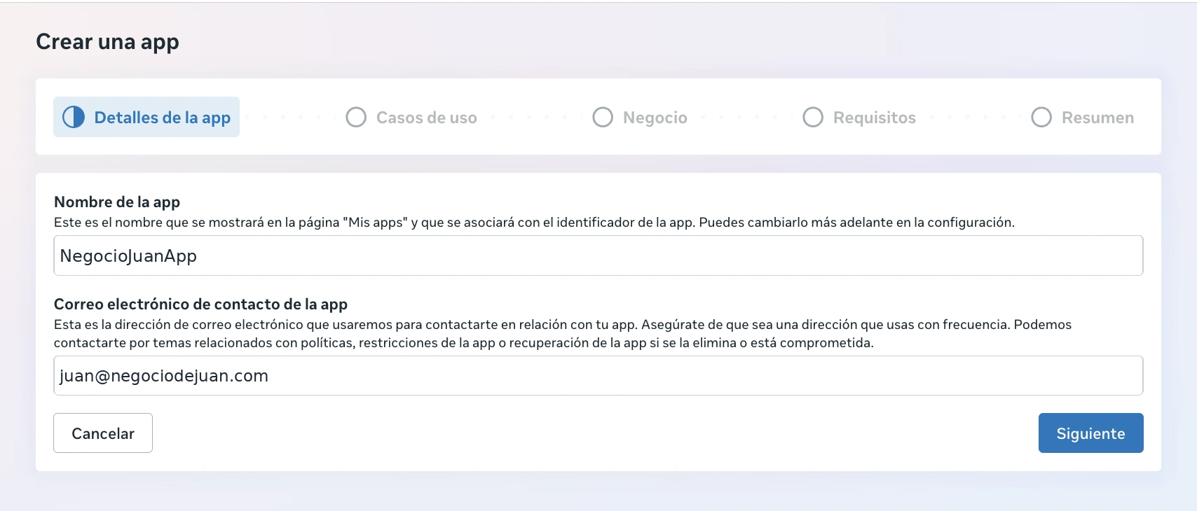 Formulario para escribir el nombre de la app y el correo de contacto