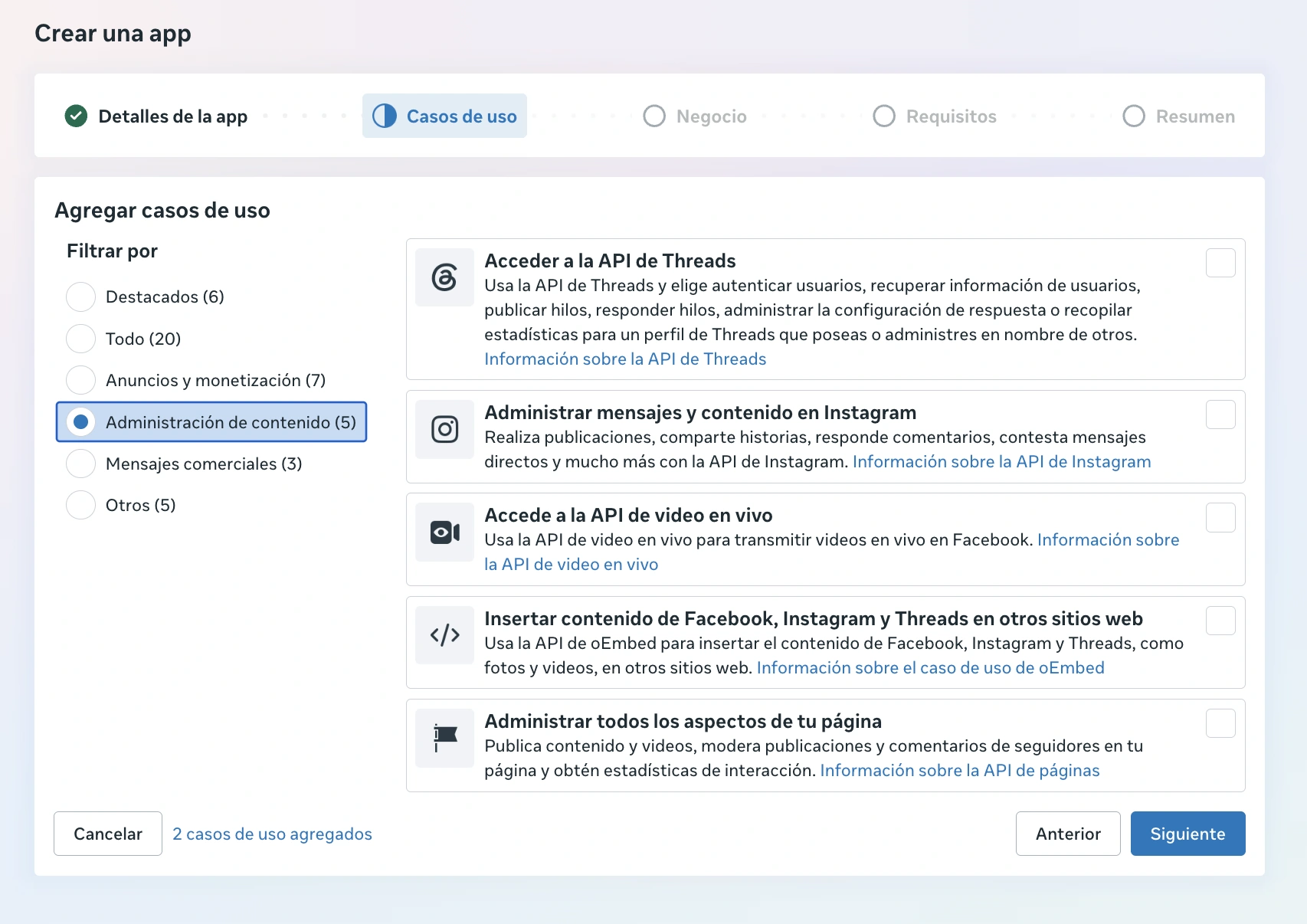 Selección del caso de uso Administrar mensajes y contenido en Instagram