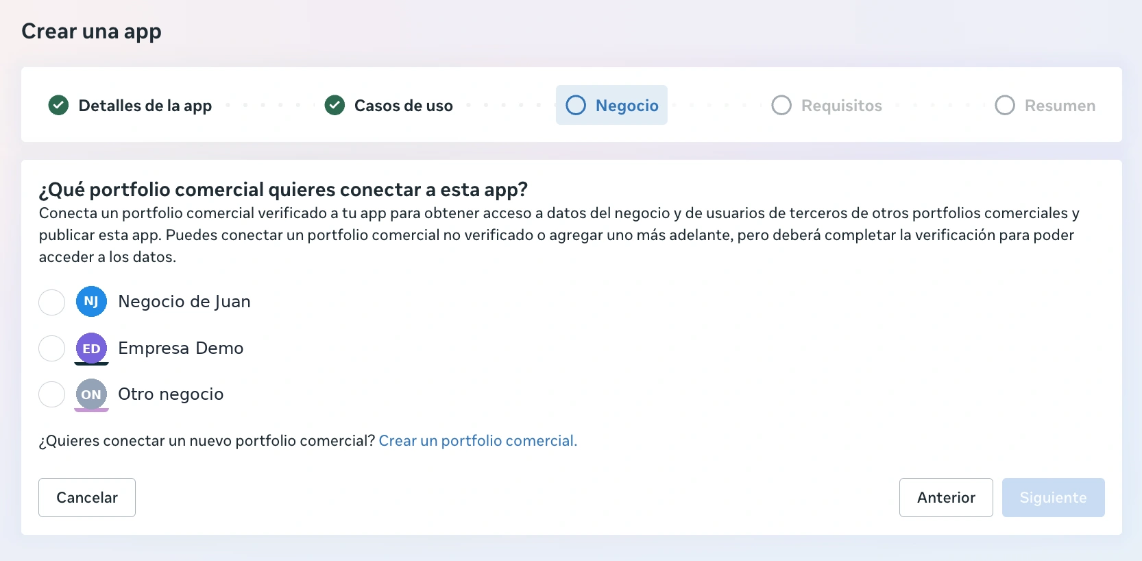 Selección del portafolio comercial al crear una app de Meta