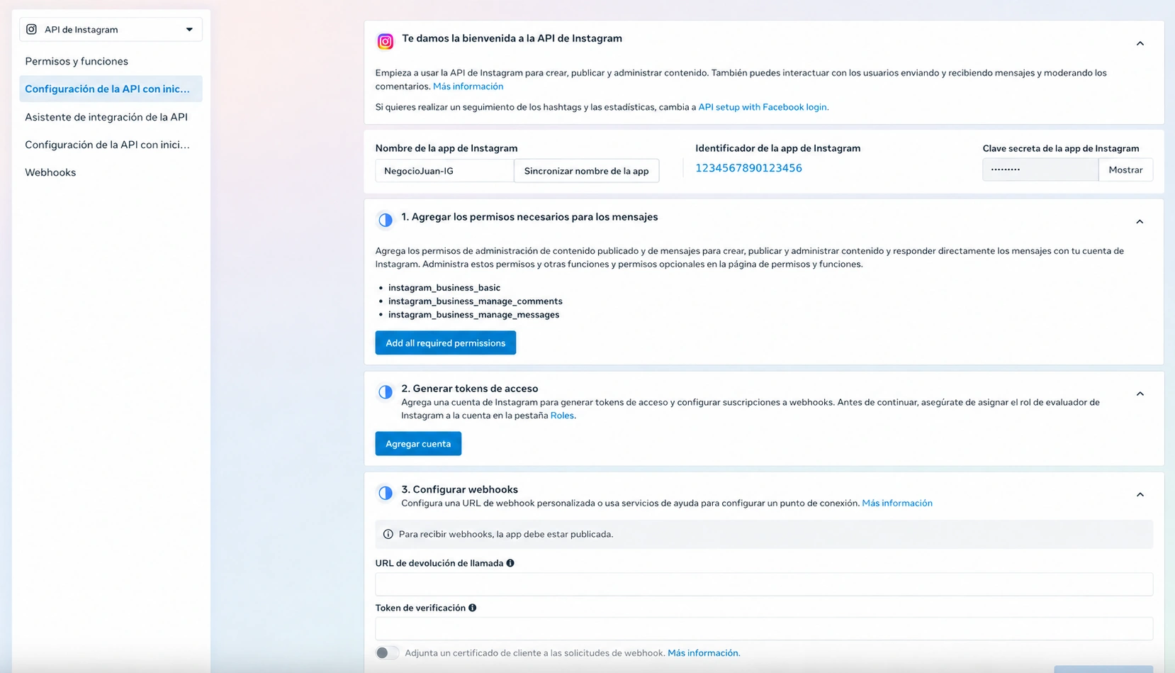 Configuración de Instagram con el nombre y el identificador de la app alineados en sus campos