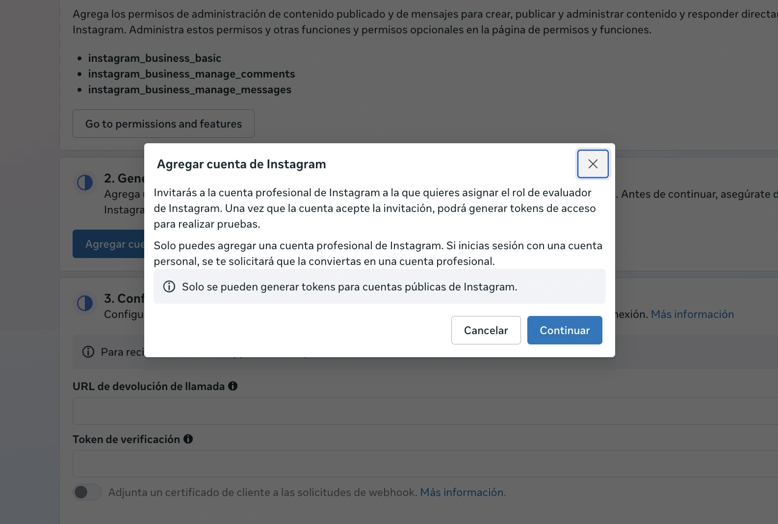 Diálogo para agregar una cuenta profesional de Instagram a la app