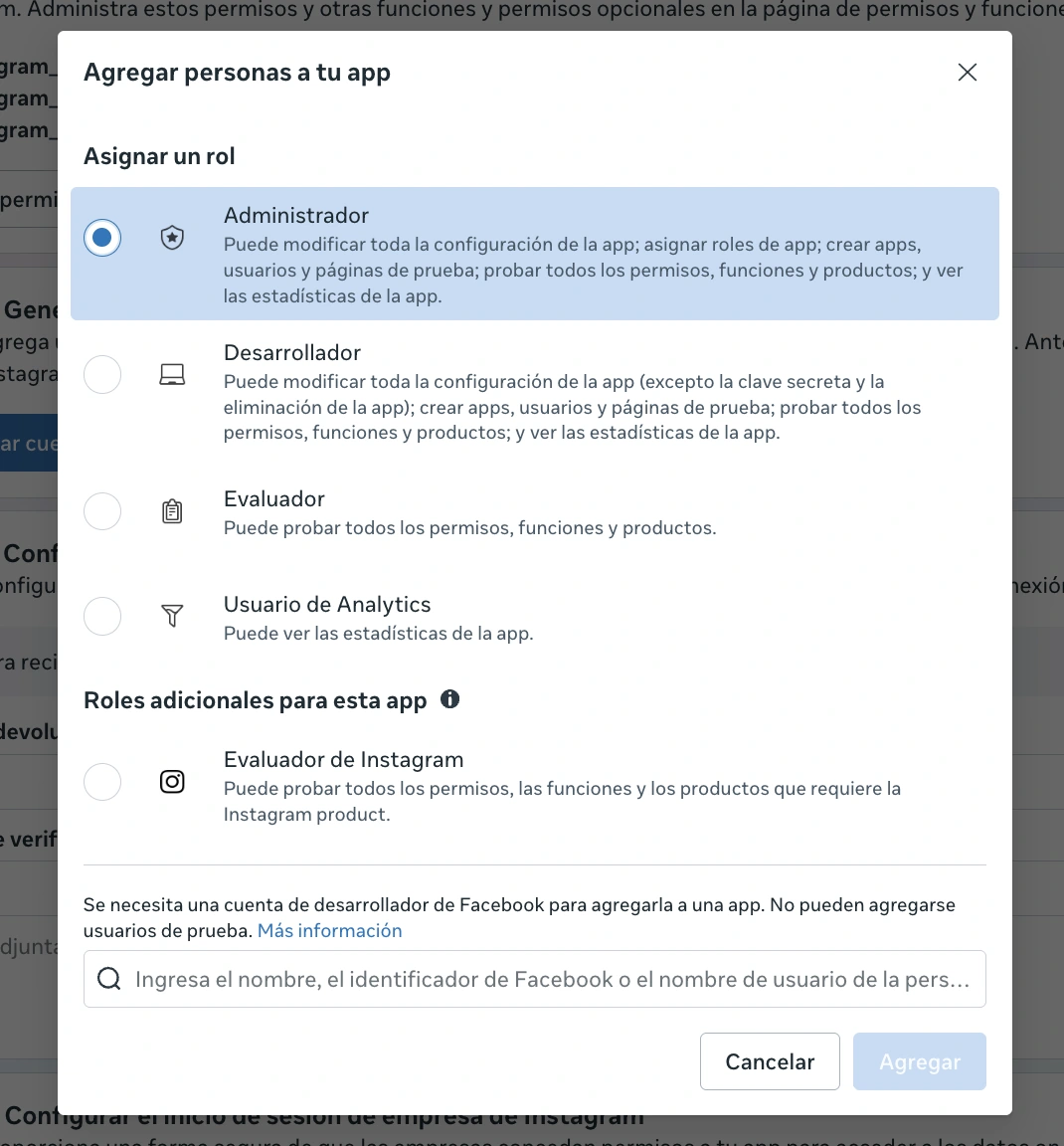 Pantalla de roles donde aparece Evaluador de Instagram