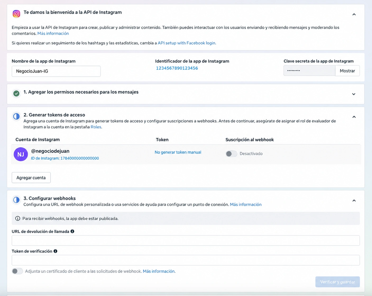 Cuenta de Instagram agregada y opción Suscripción al webhook