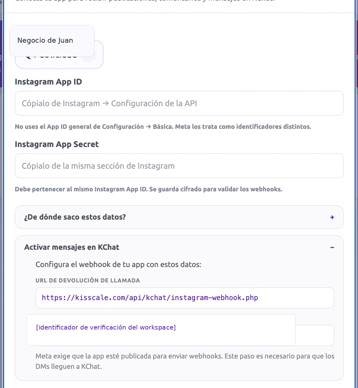 Sección Activar mensajes en KChat con la URL del webhook y el identificador de verificación