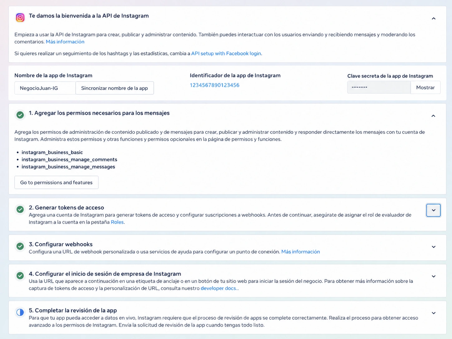 Panel de Instagram con la sección Configurar el inicio de sesión de empresa de Instagram