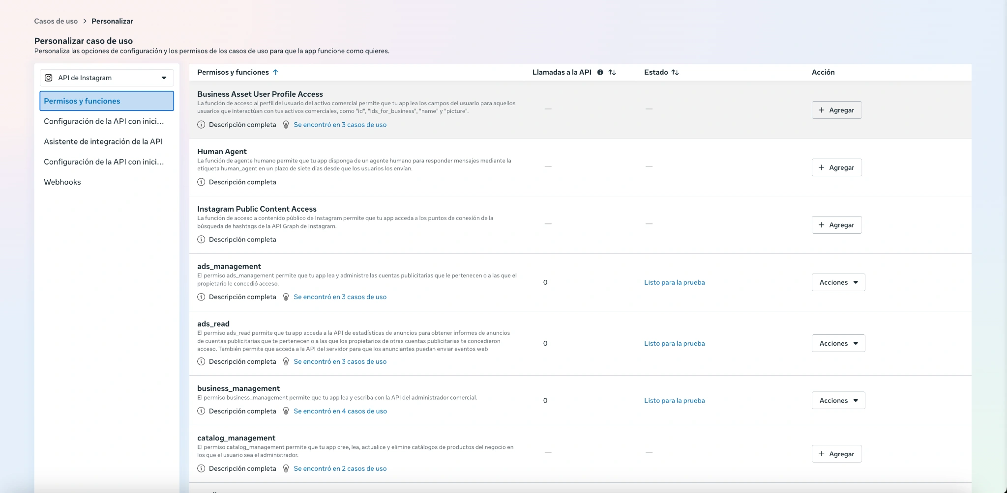 Permisos y funciones de Instagram donde se agrega instagram_business_manage_insights