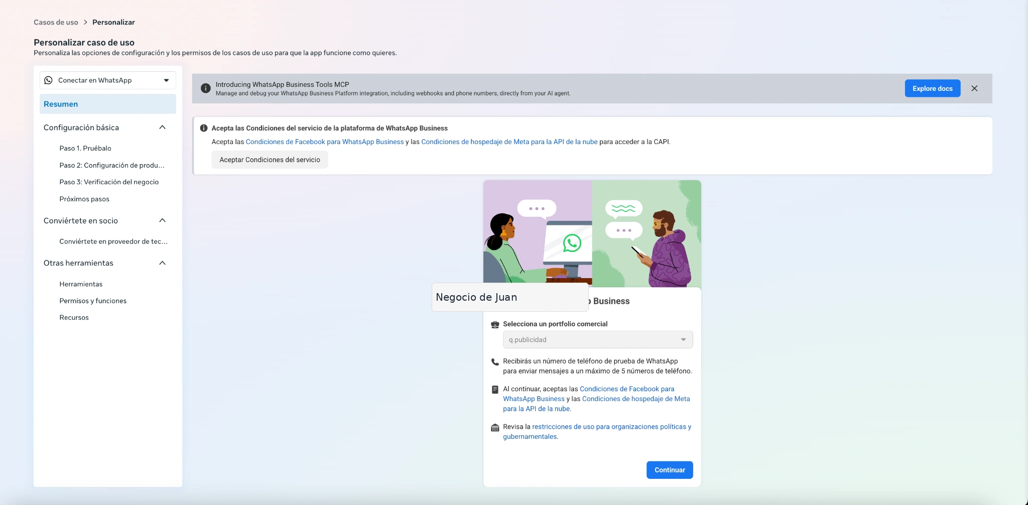 Caso de uso de WhatsApp dentro del panel de una app de Meta