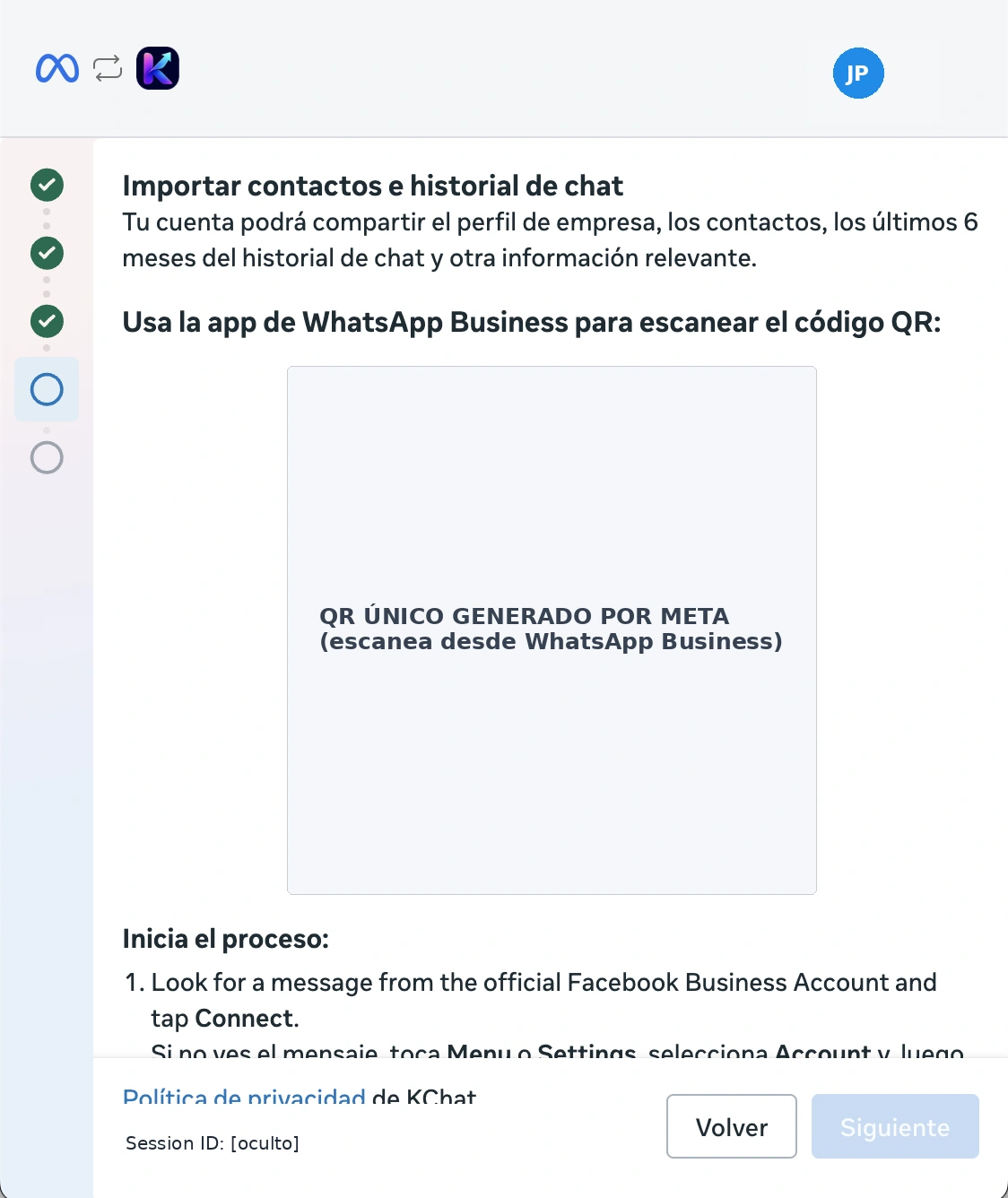 Paso de Meta para conectar WhatsApp Business mediante un código QR temporal oculto en la captura